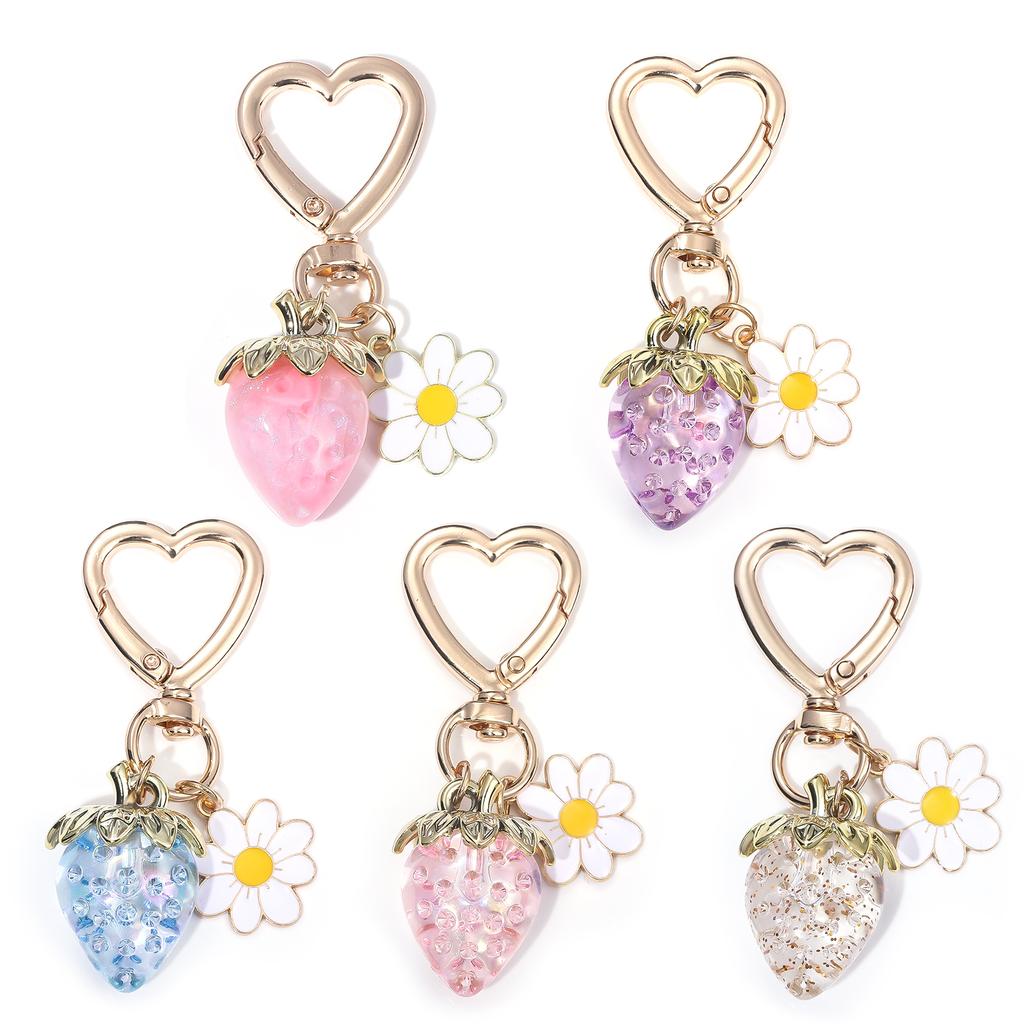 Cute Strawberry Bag Pendant Keychain Kawaii Heart Flower Daisy Key Chain for Women Girs Bag Purse Pendant Accessories Gift