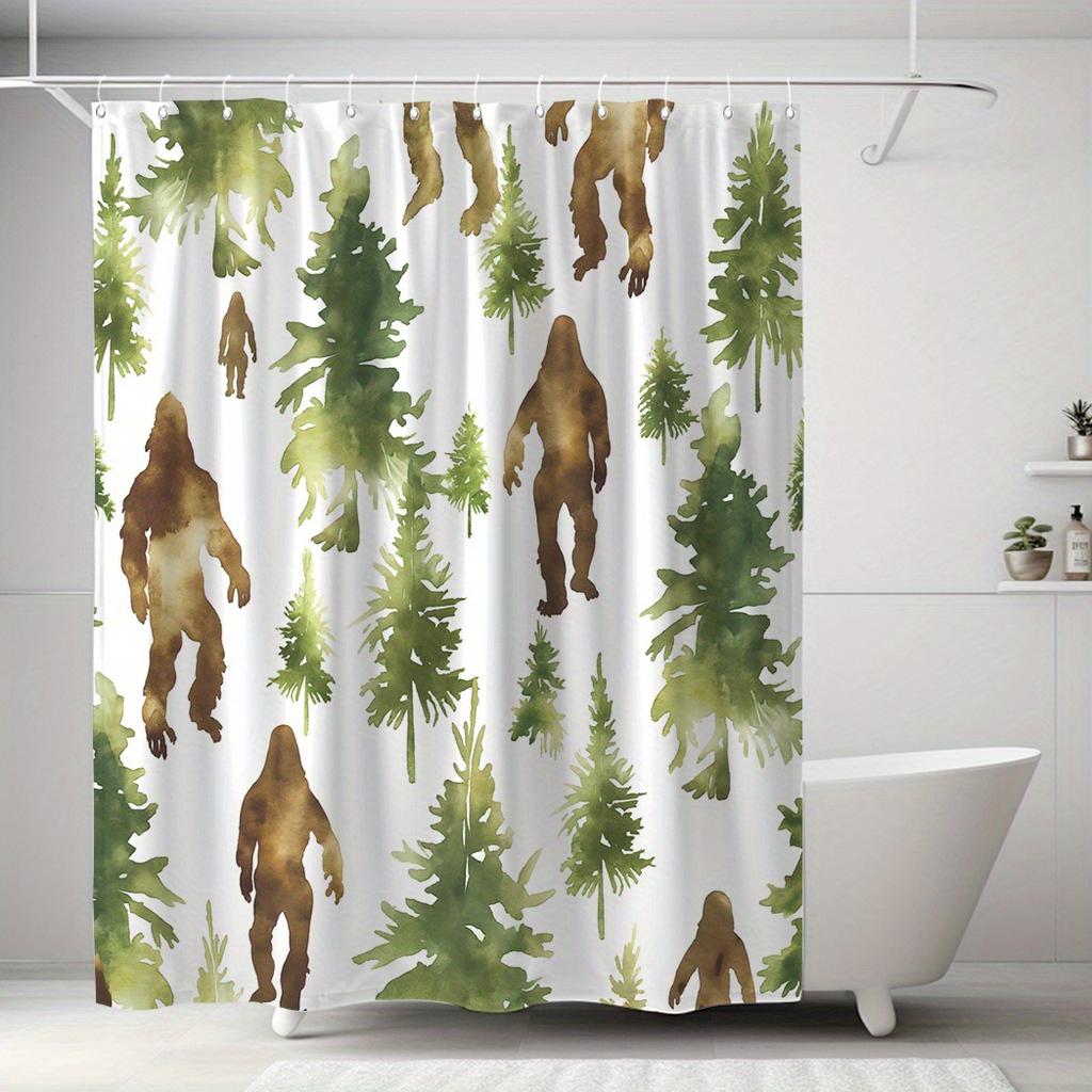 1pc Orangutan & Pine Tree Shower Curtain - Polyester, 71x71", 12 Hooks, Machine Washable, Modern Bathroom Decor