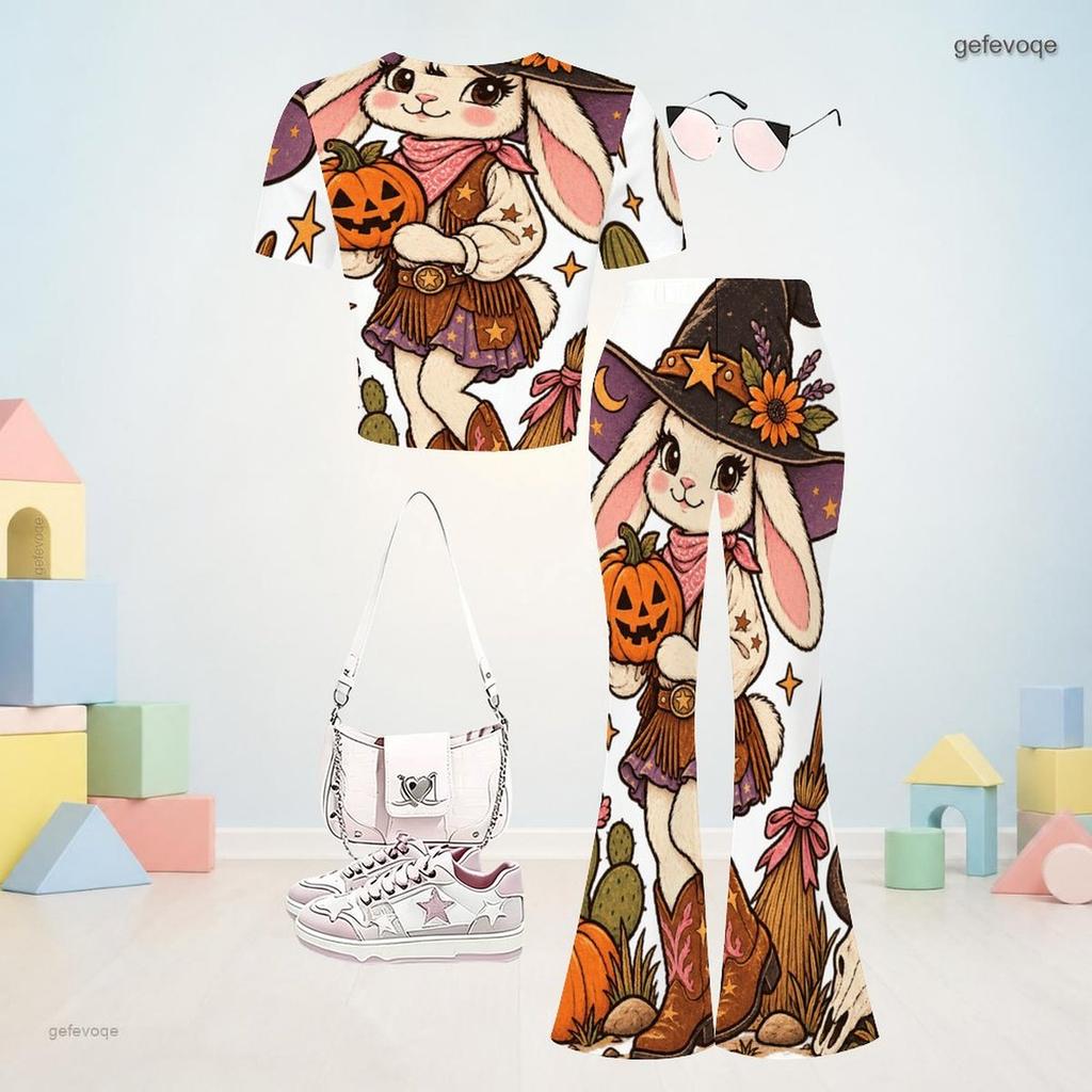 Girls Halloween Lamb Print Round Neck Short Sleeve Top And Flared Pants Two Piece Set