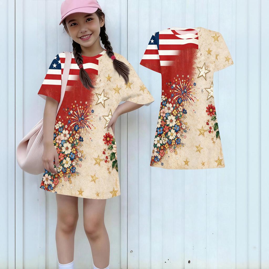 Girls Independence Day Print Casual Dress Kids Loose Round Neck Short Sleeve Thin Sundress