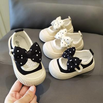 Frühling Neue Sneakers Mädchen Punkte Schleifen Kind Sneakers Weiche Sohlen Bequem Prinzessin Mädchenschuhe Baby Quadratmaul Canvas Schuh
