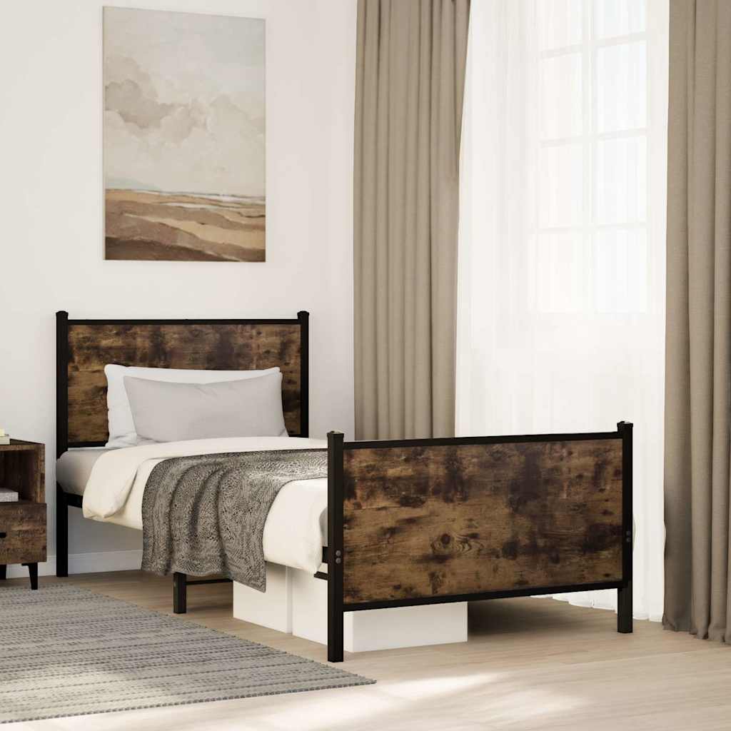 Metal Bed Frame Without Mattress Smoked Oak Finish 80 X 200 Cm