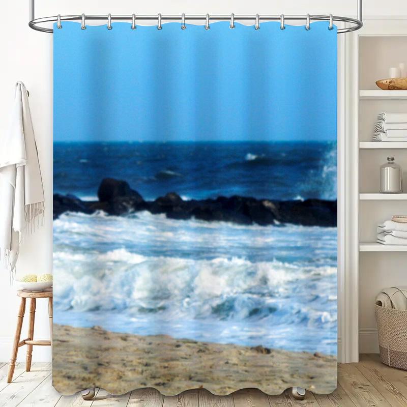 Ozeanwellen Duschvorhang Wasserdichtes Gewebe Badezimmer Dekoration Strandmotiv Druck Modernes Design Für Zuhause Wohnzimmer Oder Schlafzimmer (Blu