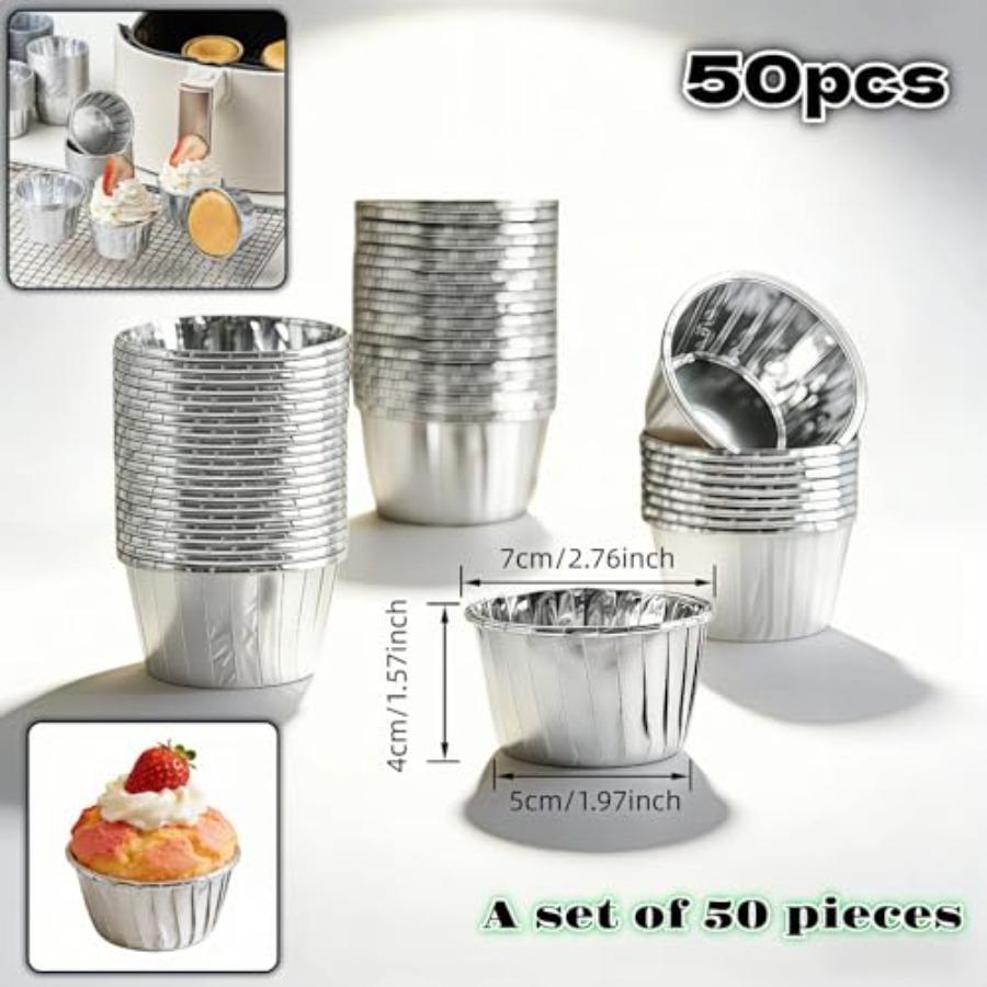 Aluminum Foil Muffin Cups 50 Pack Disposable Baking Cups for Cupcakes, Muffins, Ramekins; Oven Safe to 428F, Silver, Easy Relea