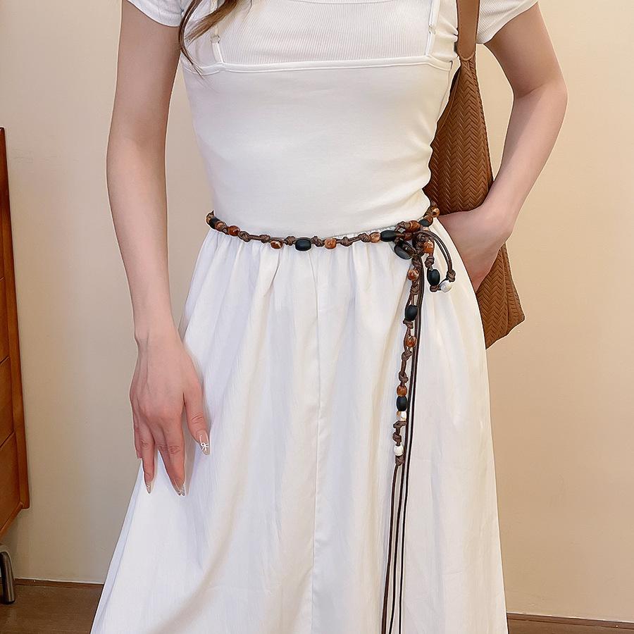 Vintage ethnic wind wood bead woven fringed waist chain bohemian belt clothing