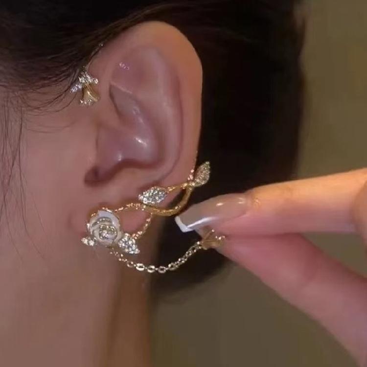 Camellia Tassels Ear Cuff with Zircon Comfortable Ear Clip Unique Flower Earring Handmade Evening Dress Accessory