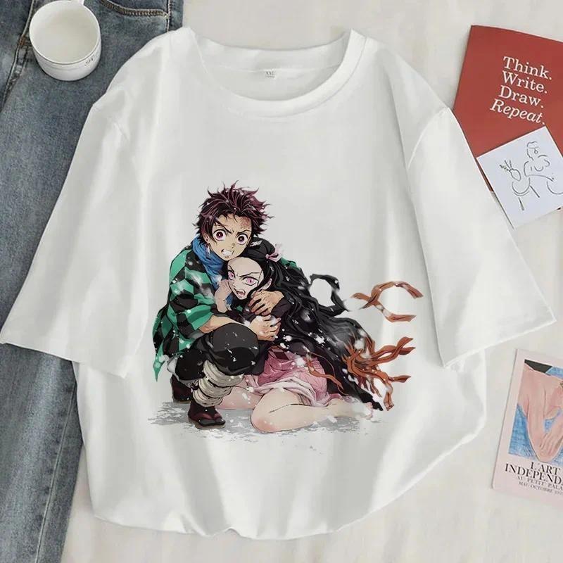 Demon Slayer Print T shirt Women Harajuku Aesthetic White Tops Tee Tshirt Japan Anime Ullzang Female TShirt summer black t-shirt