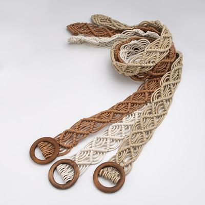 Bohemian Belt, Ethnic Style Woven Handcrafted Women's Belt, Casual Vacation Style, Exquisite Round Wood Buckle Women's Waist Rope