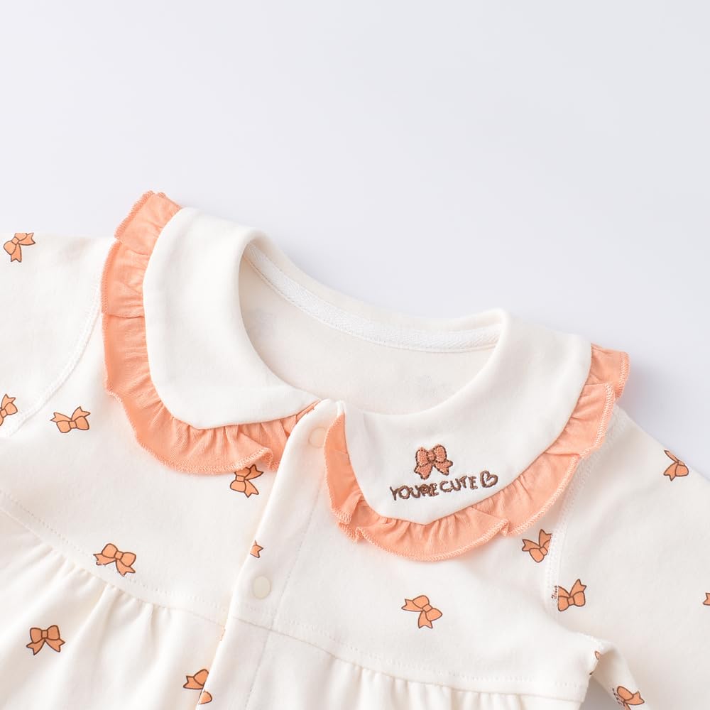 Babykoi Baby Clothes Long Sleeve Romper Spring Autumn Newborn Coveralls Front Open Collar Baby Girl Preparing for Maternity Gift Bow Pattern Orange 6M