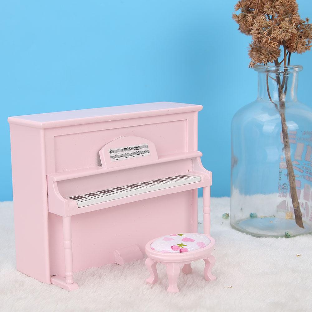 1:12 Doll House Accessories Mini Upright Piano Model Toy with Stool Simulation Furniture Pink