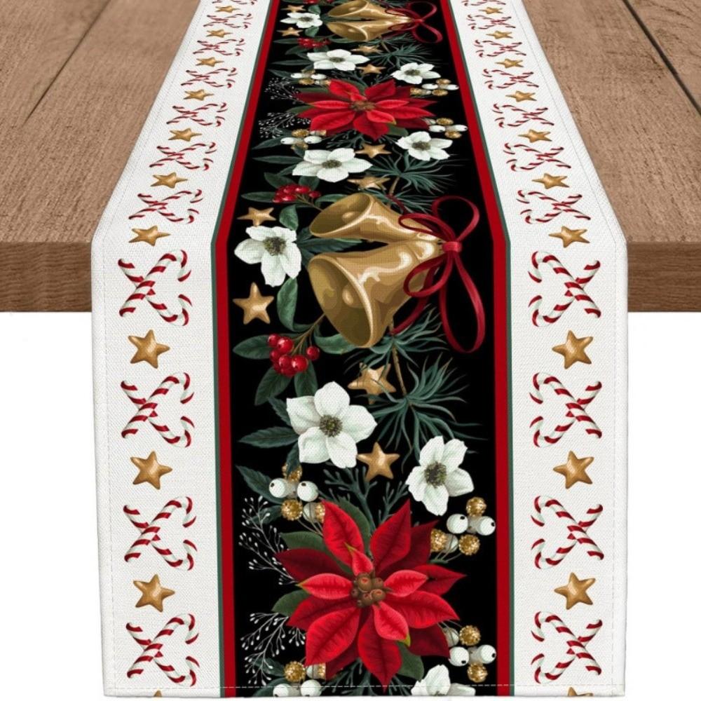 Poinsettia Flower Pattern Christmas Table Runner Long Length Rectangular Shape Table Decor Cloth Linen Material