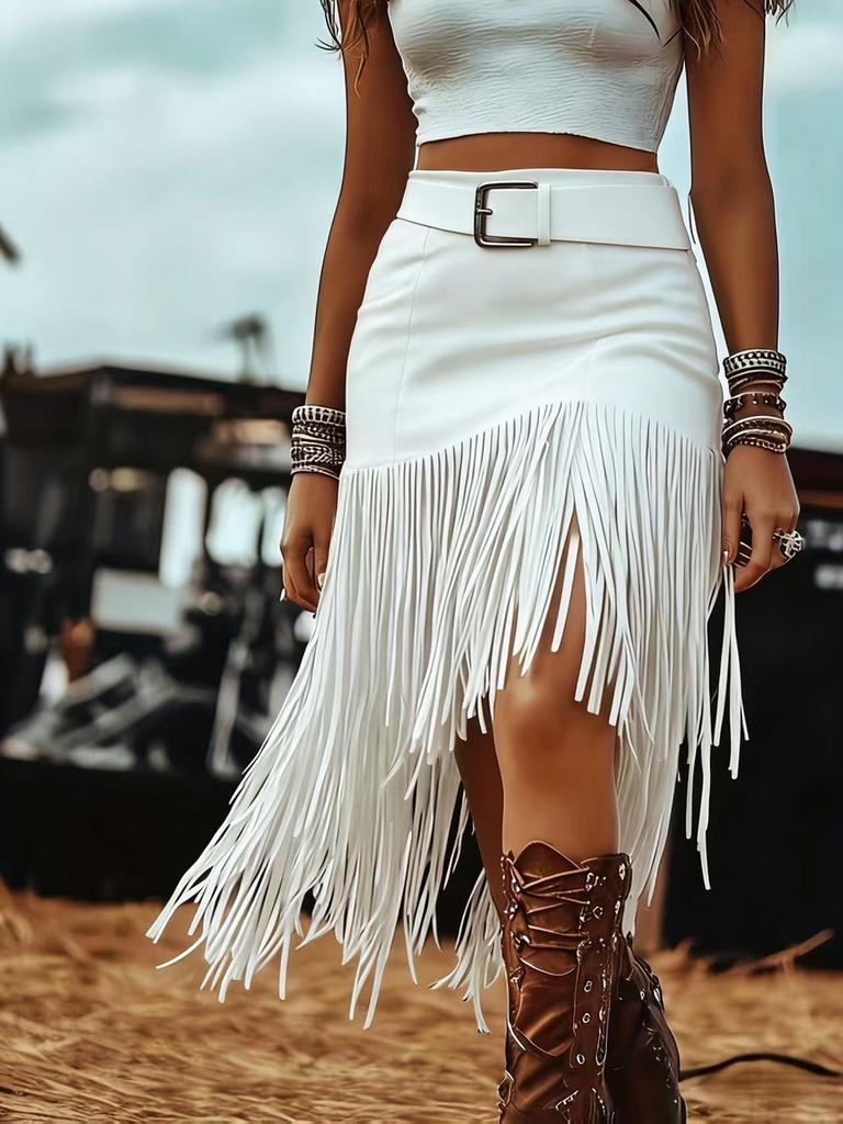 Coffee Fringe High-Waisted A-Line Pleated Puffy Skirt for Women Autumn Fashion