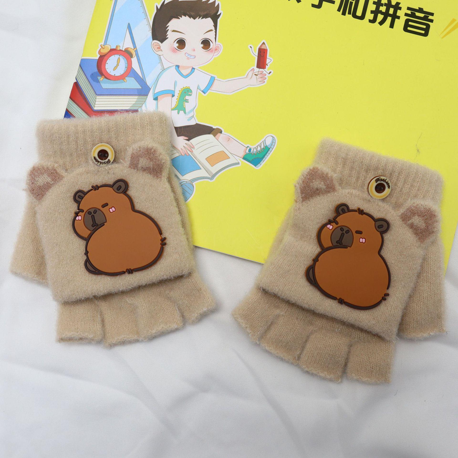 

Capybara Kids Flip-Top Half-Finger Knitted Gloves - Warm & Cold-Proof for Autumn and Winter 3-12 years
