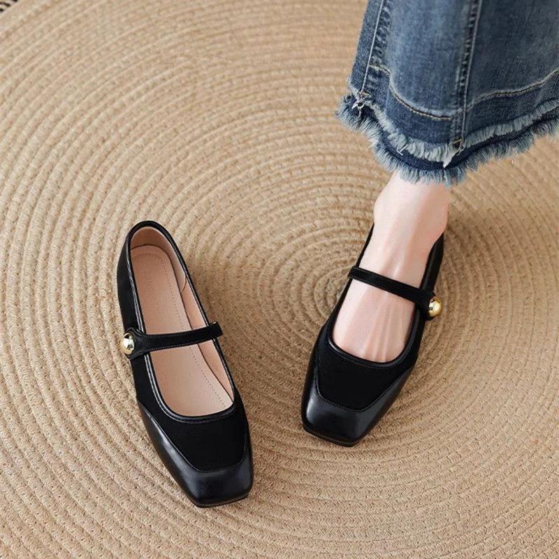 Fashion With Heel Elegant Party Women's Flat Shoes Leather Casual Square Toe French Style Spring Young Beau Today Chic Ladies Footwear