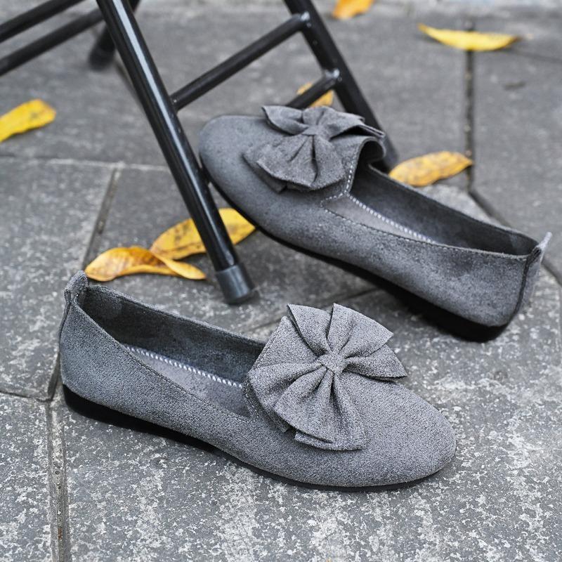 Women's Plus Size Suede Flat Casual Shoes Round Toe Bow