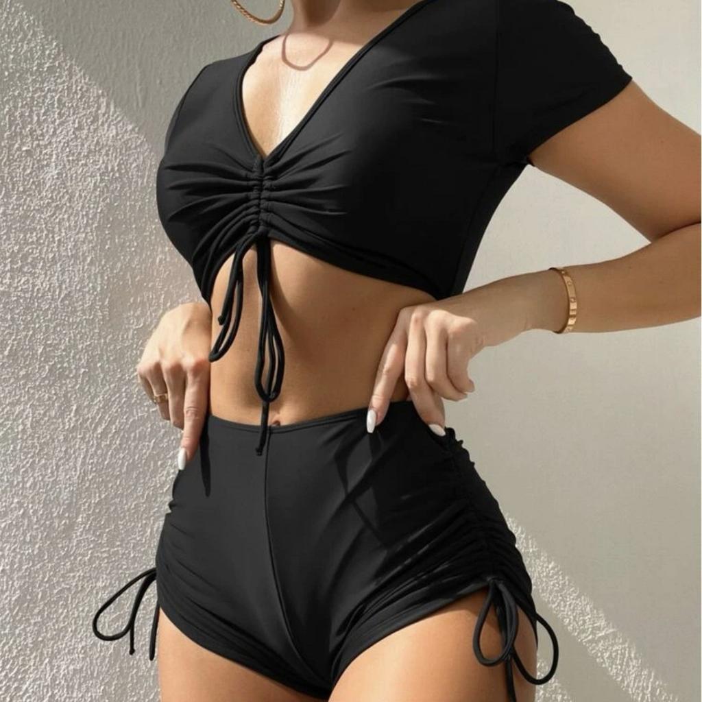 Damen Unifarbener V-Ausschnitt Bikini Badeanzug Set, Zweiteilig Kordelzug Boyshort Badeanzug, Sportlicher Strand Tankini Badeanzug