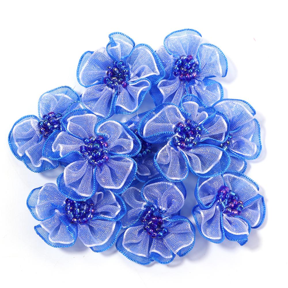 

10Pcs Organza Flower with Beads Stamen Appliques 3cm Color Artificial Flower For DIY Craft Wedding Hairpins Decor Sewing Supplie 3cm сапфировый