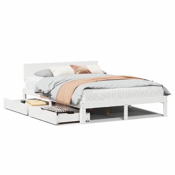 VidaXL Bed Frame with Drawers White 160x200 Cm Solid Pine Wood, Slatted Base, Double Bed Frame, Wooden Bed Frame 3301989