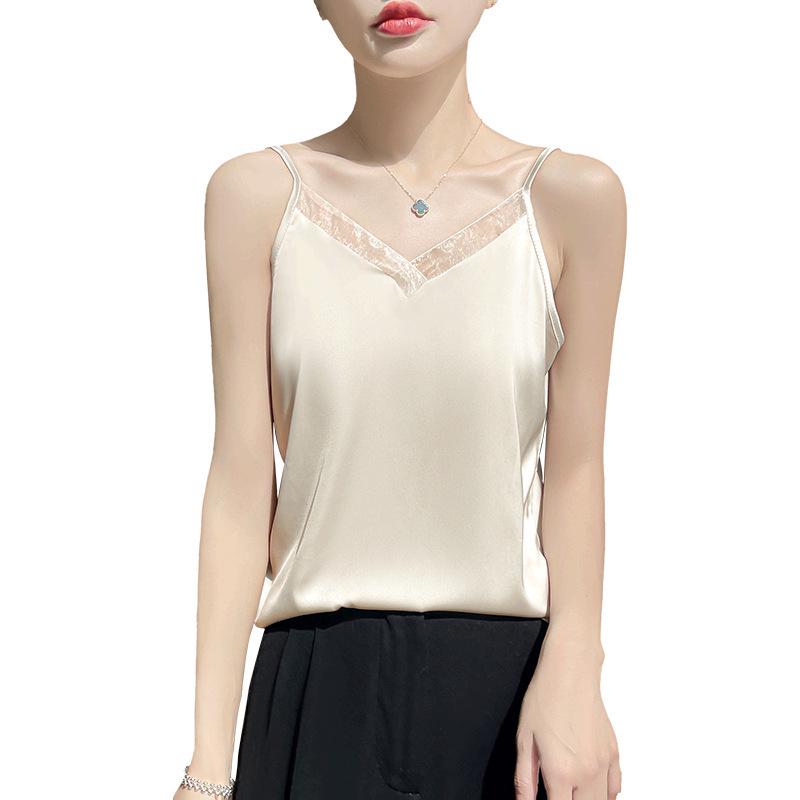 Silk Satin Women's Sleeveless V-Neck Mesh Spliced Camisole Vest - 2026 Spring/Summer Collection