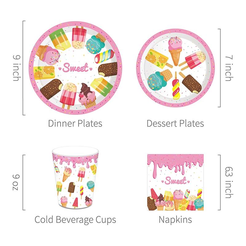 Ice Cream Birthday Party Decoration Kids Toy Baby Shower Disposable Tableware Paper Plates Cups Balloons Flag Party Supplies