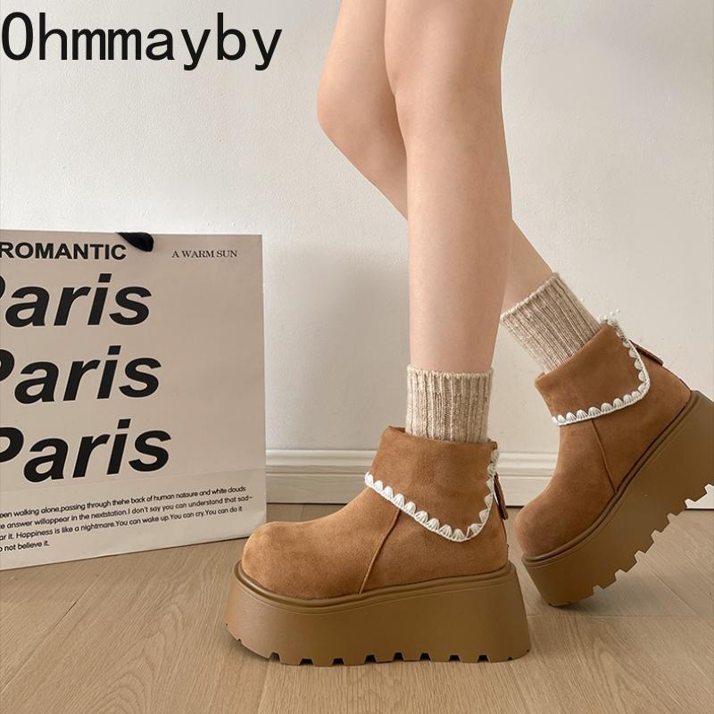 Winter Chunky Platform Heels Women Snow Boots Height Increase Shoes Street Style Warm Cotton Short Booties Shoes  Mujer