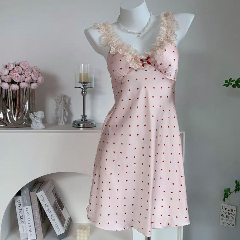 Summer sexy pajamas women's ice silk suspender nightdress lace lace sweet short skirt with chest pad loungewear