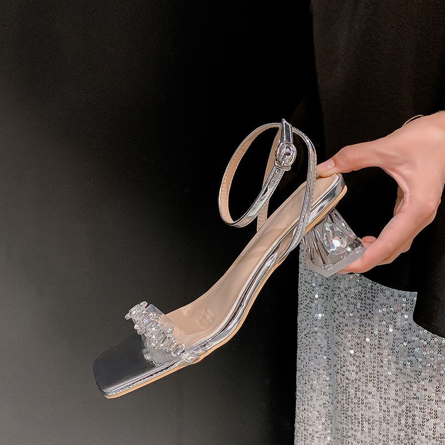 Silver Rhinestone Sandals Women's Summer Skirt Thick Heel Fashion Absolute Child Word with Transparent Crystal High Heels