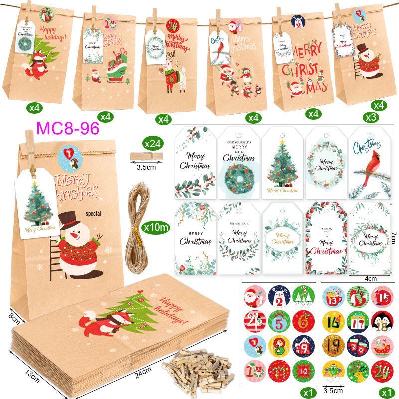 Christmas Advent Calendar Kraft Gift Bags Set - 24 Pieces