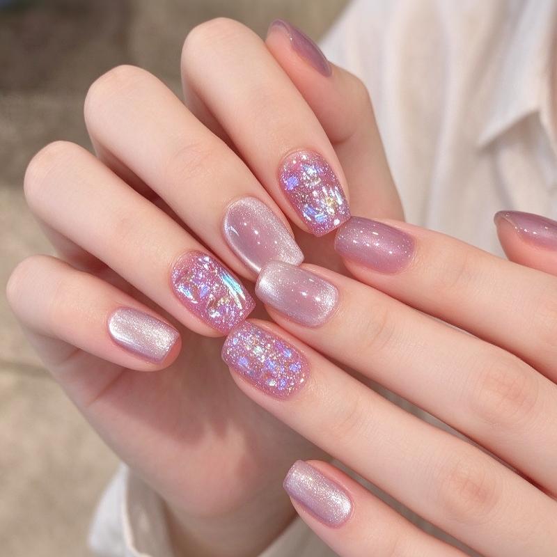 Press-On Nails Shimmery Cat Eye Short Square False Nails Kit with Free Adhesive Glue for Night Club Parties