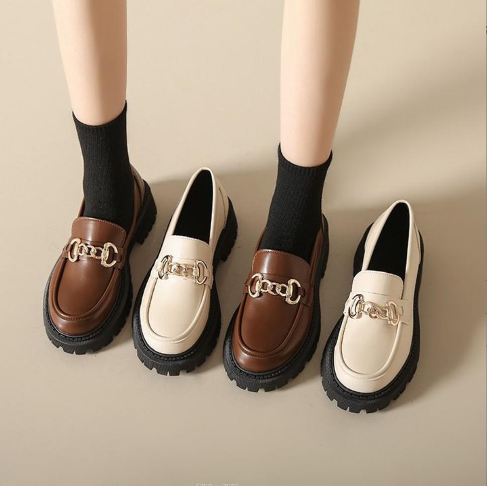 Fashion Chunky Loafers Women Genuine Cow Leather Platform Shoes Round Toe Metal Chain Slip On Ladies Flats Handmade 2024 Creeper Zapatos