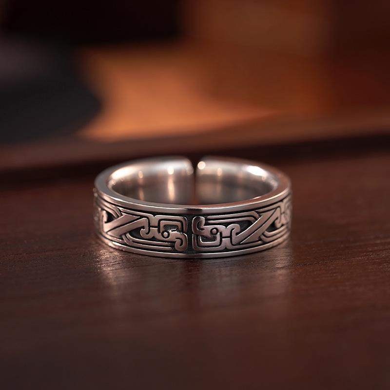 Yin Taifei Bronze Beast-Form Scroll Pattern Thai Silver Unisex Adjustable Ring - High-End Chinese Style National Trend