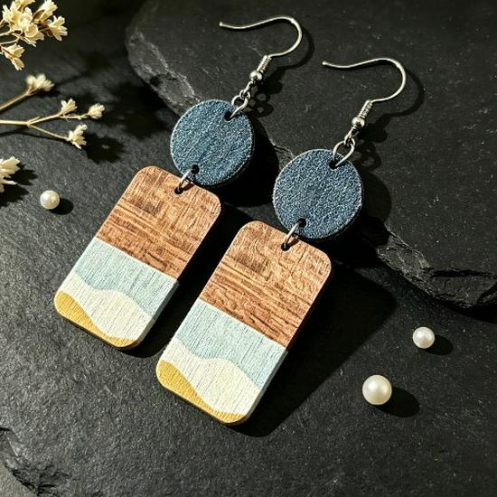 Retro Sunrise Geometric Wood Grain Earrings