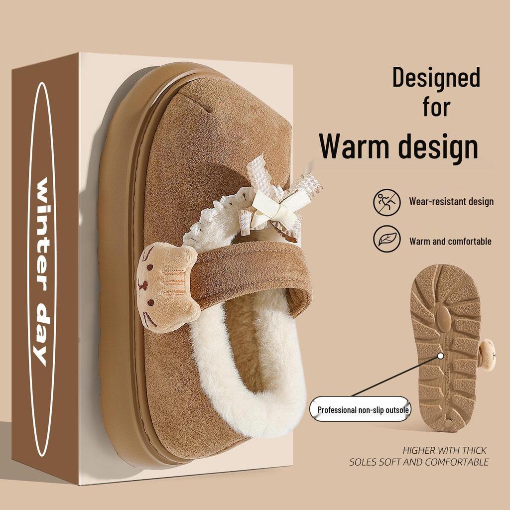 Women's Furry Non-Slip Cotton Slippers - Thick-Soled, Closed-Heel for Autumn & Winter