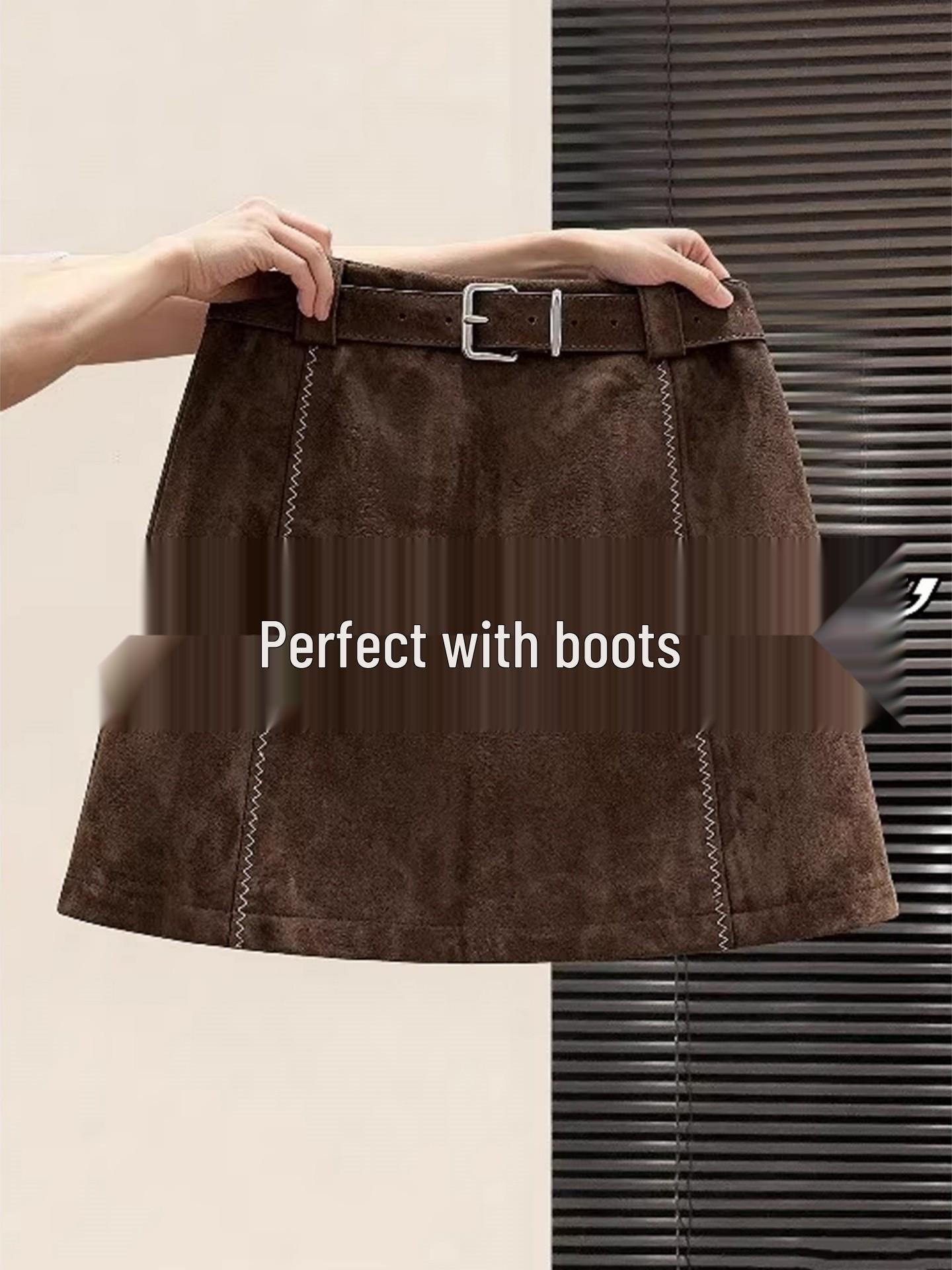 

Plus Size Retro Brown A-Line High Waist Suede Velvet Skirt-Pants for Women - Spring Autumn PU Leather Mini Skirt 2XL