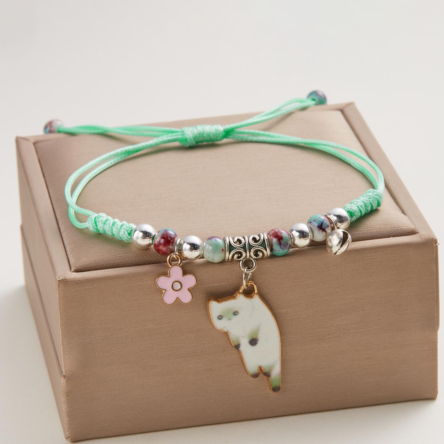 Cute Small Flower Cat Pendant Bracelets for Women Girls Handwoven Animal Kitten Adjustable Rope Bracelet Jewelry Friendship Gift