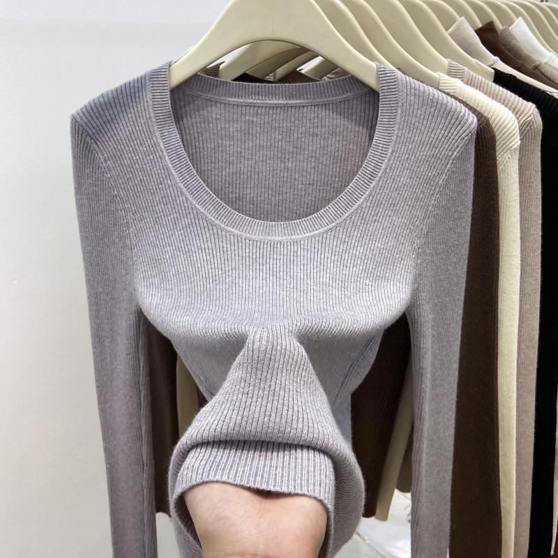 Spring 2025 texture u-neck pit strip inner top female slim slim slim Spice Girls style ins knitted backing sweater