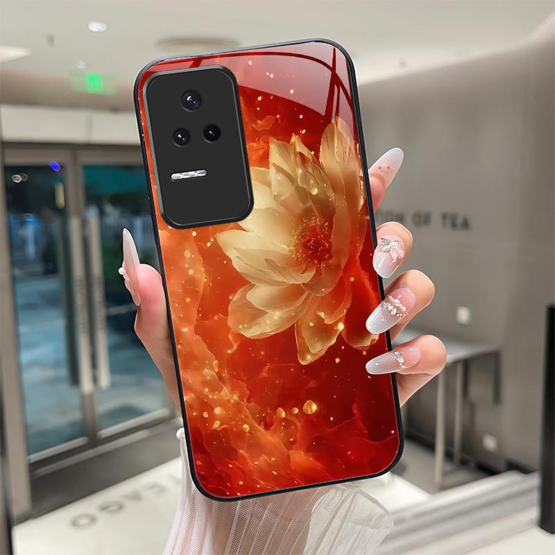 Beautiful Flower Cute Cats Case For Xiaomi Poco F4 5G / Redmi K40S Tempered Glass Phone Case Protective Back Cover Hard Shell