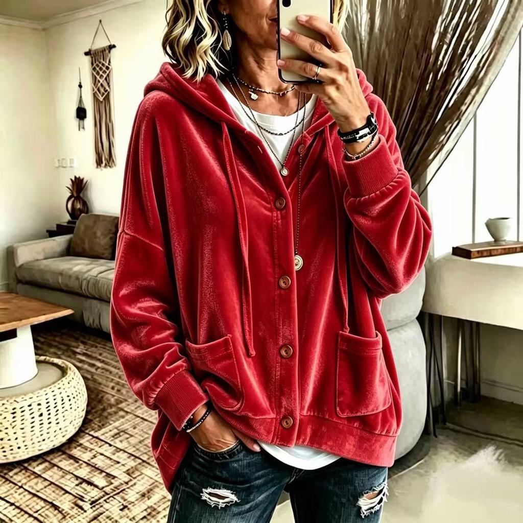 Autumn Winter Solid Color Casual Fashion Button Hooded Gold Velvet Long Sleeve Cardigan Coat Women