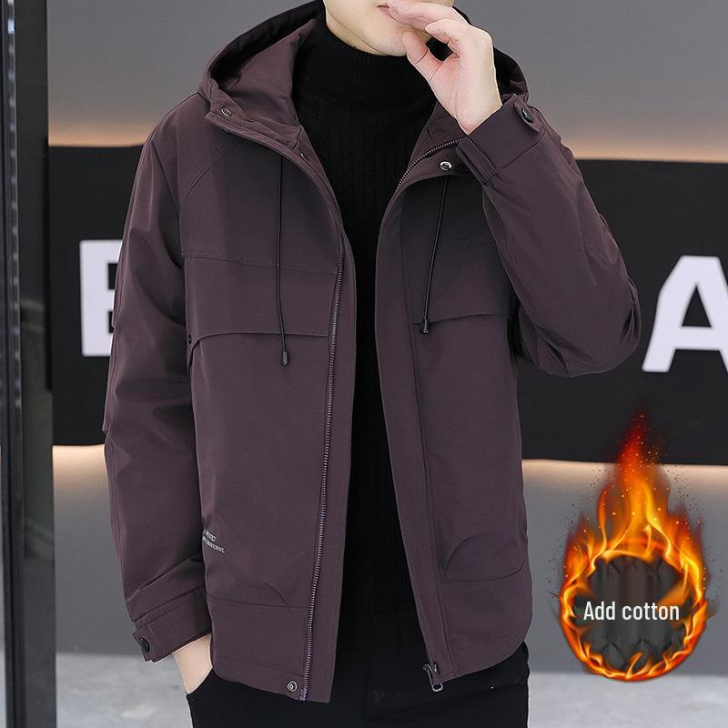 Herrjacka med huva, bomullsfodrad, vindtät, för höst och vinter