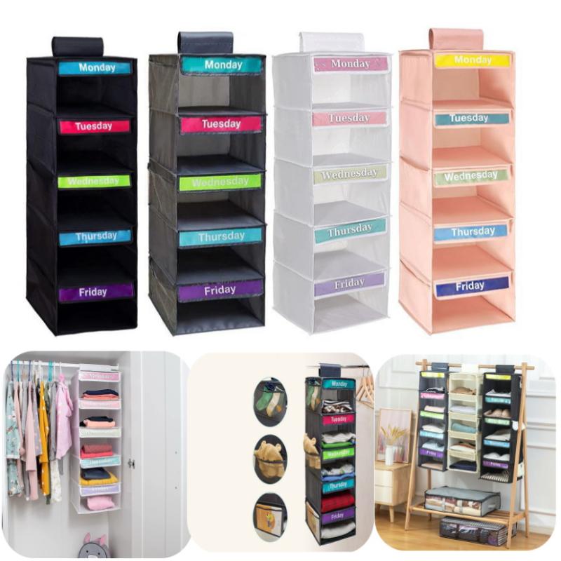 5-Shelf Weekly Clothes Organizer Kids Daily Shelf Hanging Closet Organizer Days Of The Week Hanging Storage Shelves For Kids