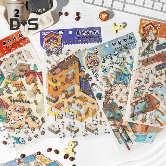 4Pcs DIY Scene Stickers 3D Miniature House Stickers Set Reusable Easy To Use DIY Projects Bookstore Scene Stickers