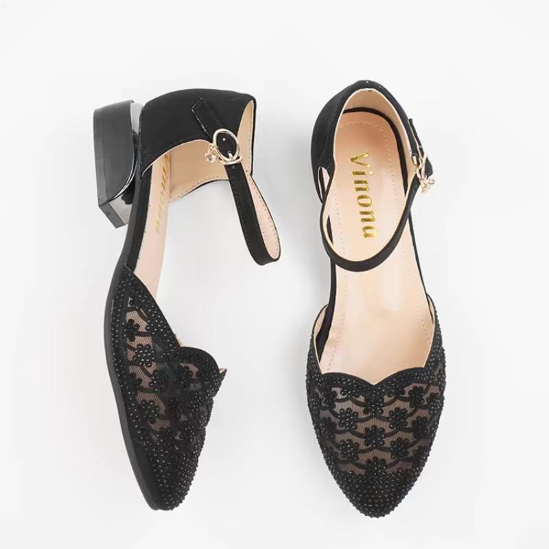 New Style Sandals Mid-heel Shoes with Toe Caps Rhinestone Shoes Single Shoes Mom Shoes