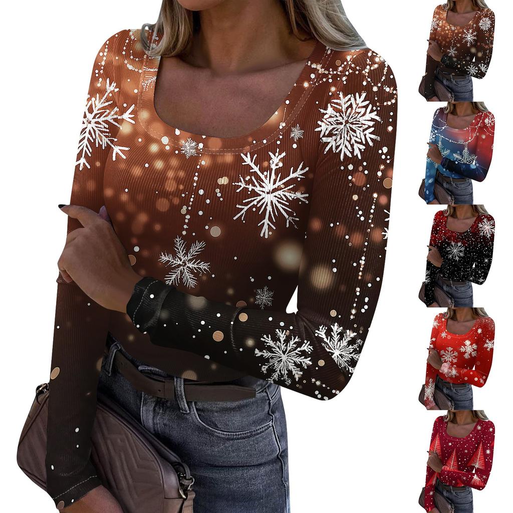 Women's Fashion Slim Bottom Casual Long Sleeve Christmas Printed Pullover U Neck Top