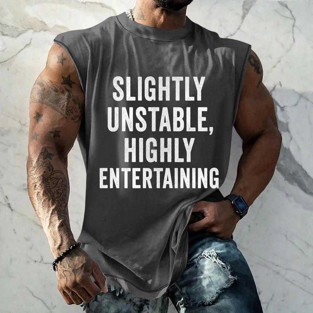 Men’s Sleeveless Casual Loose Fit T Shirt with Slightly Unstable Highly Entertaining Graphic Print Crew Neck Top