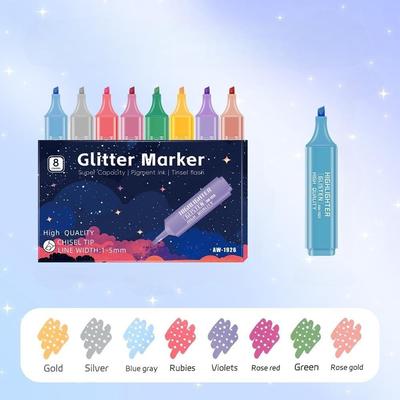 8-Color Metallic Glitter Highlighter Pens Set Shimmering Fluorescent Spot Liner Quick-Dry & Smudge-Proof Stationery