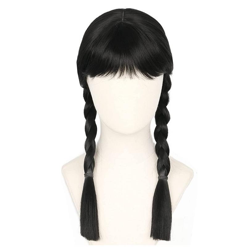 Cosplay Addams Family Zwarte Lange Vlecht Pruik Hoge Temperatuur Zijde Dagelijkse Slijtage Dames Volledige Pruiken Festival Feest Gesimuleerd Haar