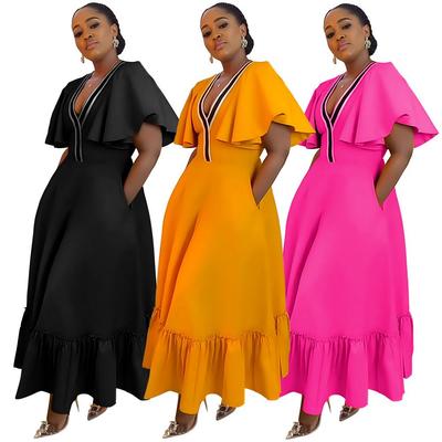 Plus Size Women's V-neck Ruffle Sleeve Ruched Casual Dress - 2024 European & American Style