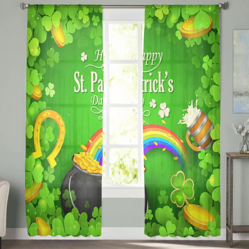 St Patrick Day Curtains Shamrocks Gold Beer Hat Voile Curtain Green Lucky Leaves Window Drapes Bedroom Living Room Sheer For Area Made Of Polyester