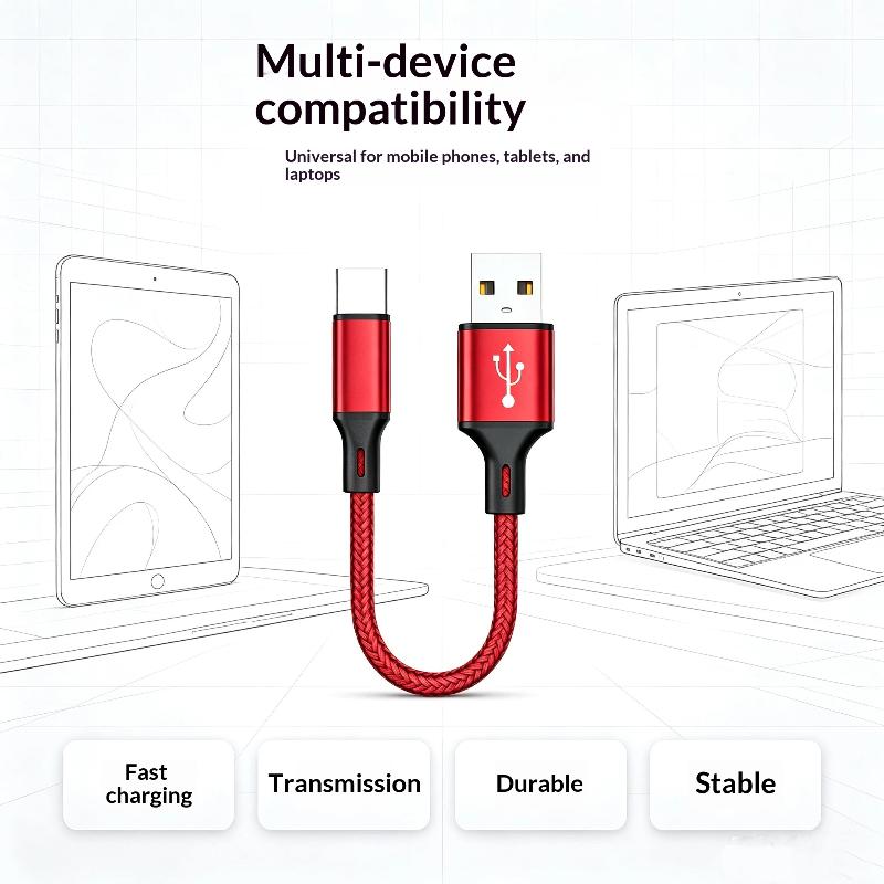 USB A to Type C Short Data Cable 0.25M 3A Fast Charging Nylon Braided Cord for Home Office Phone Charging