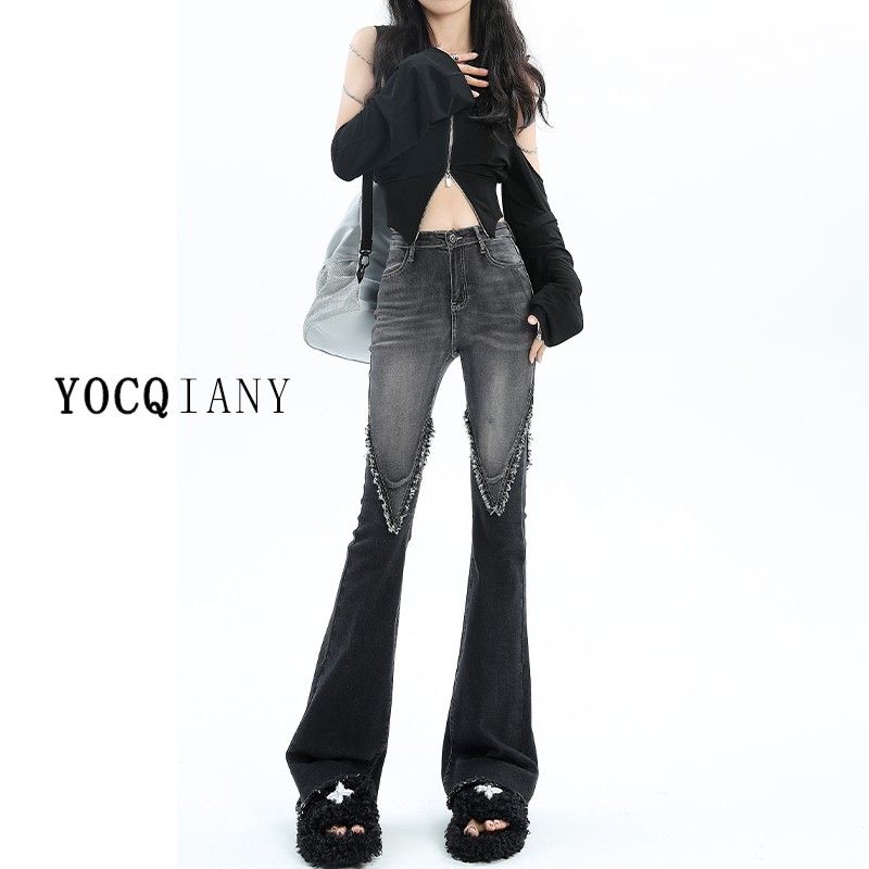 

Джинсы микро-пулл в уличном стиле вестерн, женские, с высокой талией, стрейч, брюки-клеш, серые, высококачественный кисточный пэчворк Grey S